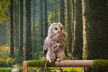 The owl is in his house. A live owl on a perch. To be in captivity.