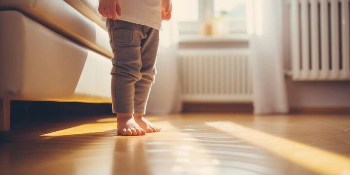 Little child standing with barefoot on the floor. Heating concept.