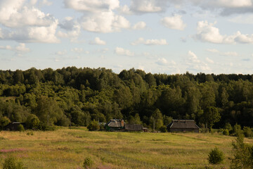 Obraz premium A Russian village on the outskirts of the forest. Wooden house on the outskirts of the forest.
