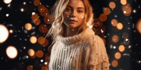 Young Woman in white warm sweater standing on winter city street at night, in background there are Christmas lights. Beauty Girl at Christmas or New Year Party
