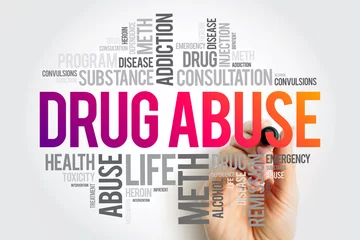 Fotobehang Drug Abuse - use of certain chemicals for the purpose of creating pleasurable effects on the brain, word cloud health concept background © dizain