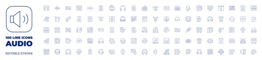100 icons Audio collection. Thin line icon. Editable stroke. Audio icons for web and mobile app. - obrazy, fototapety, plakaty