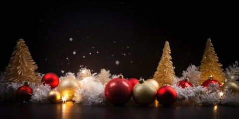 Christmas decorations. Golden Christmas trees, Red and Gold Christmas Balls on a black background. Beautiful Background for Christmas and New Year Greeting card, postcard, banner design