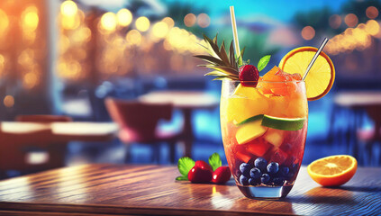 delicious colorful fruit cocktail standing on the table