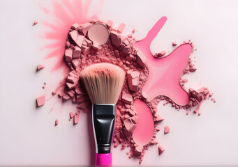 Make-up brush with crushed pink eyeshadow Close-up of crushed blush on white background. AI Generative