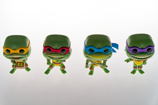 Close-up of Teenage Mutant Ninja Turtles figures Michelangelo, Donatello, Leonardo and Raphael against white background. Photo taken November 8th, 2023, Zurich, Switzerland.