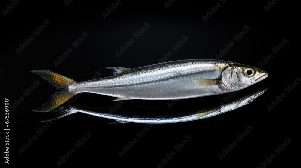Poster a close up of a fish on a black surface with a reflection of the fish's head and tail. generative ai