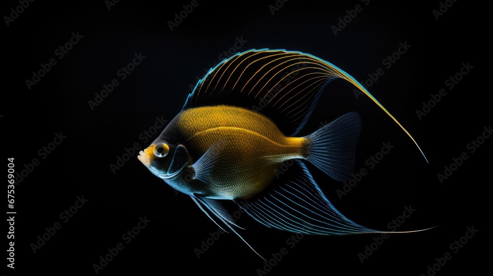 Poster a close up of a fish on a black background with a blue and yellow stripe on it's side. generative ai
