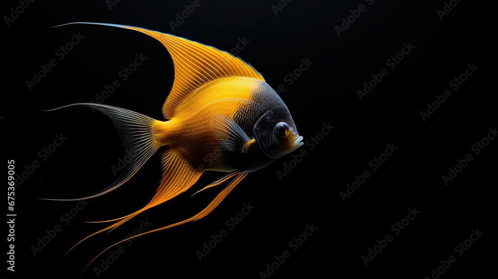 Poster a close up of a yellow and black fish on a black background with a light reflection on the side of t