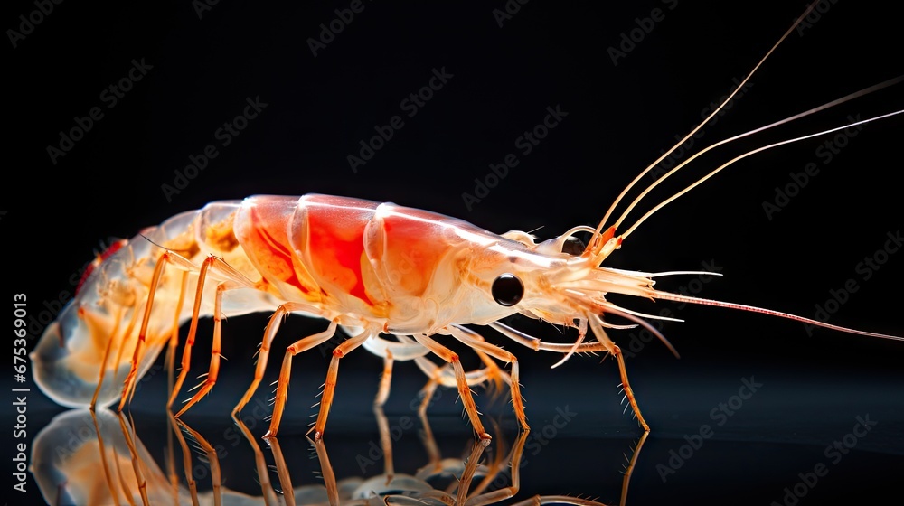 Poster a close up of a shrimp on a black surface with a reflection of it's body in the water. generative ai