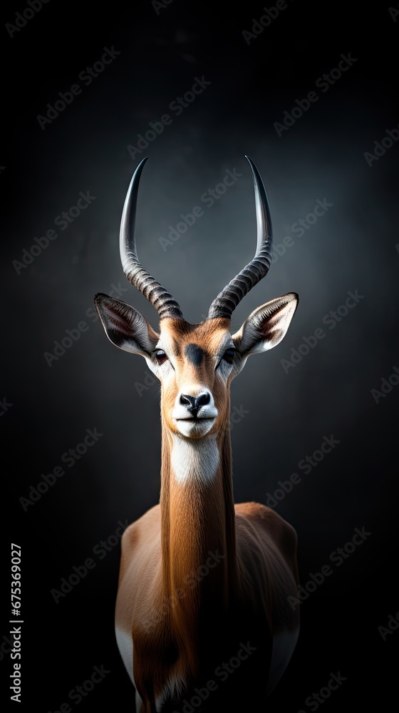 Poster an antelope is standing in the dark with its head turned to look like it is looking at the camera. g