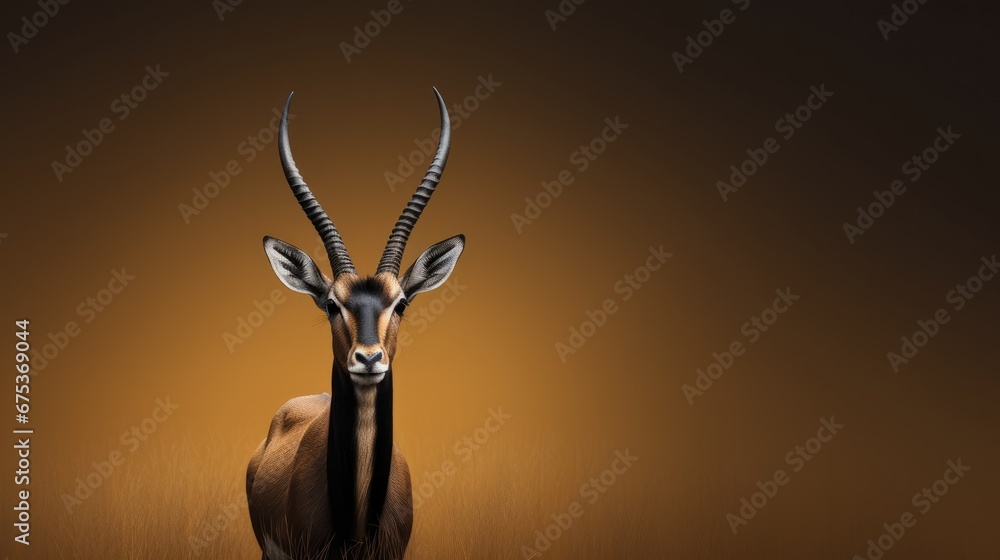 Poster an antelope standing in the middle of a field with long horns on it's head and long horns on its bac