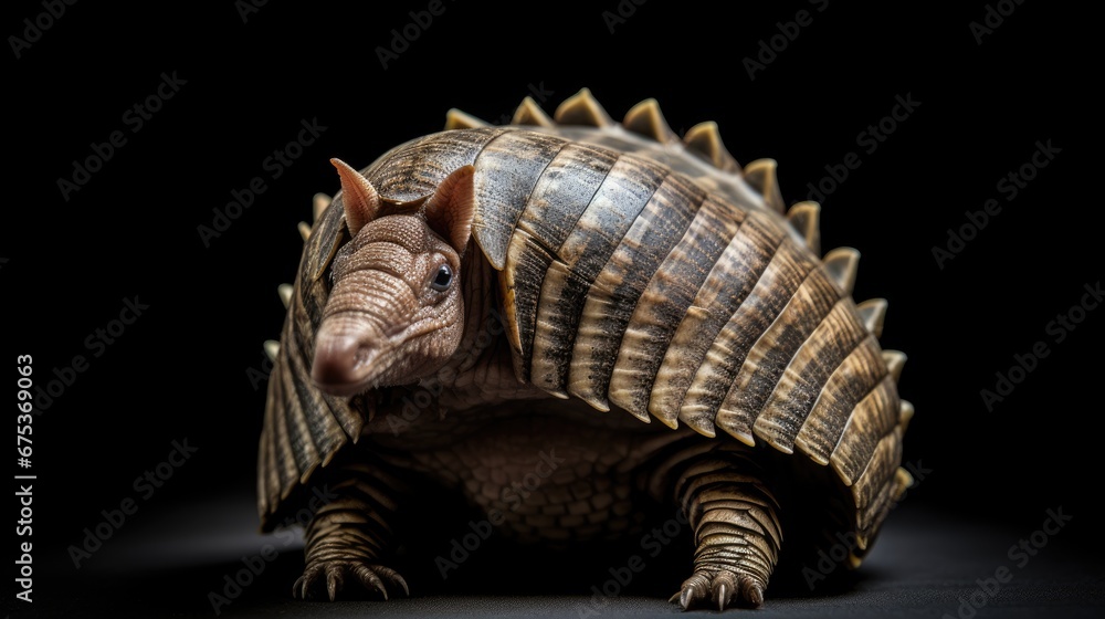 Poster a close up of a small armadile on a black background with a black background and a black background.