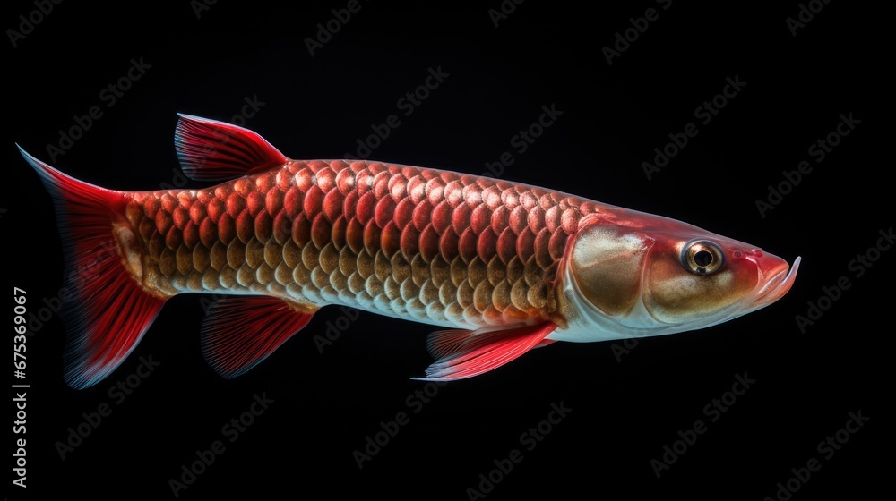 Poster a close up of a red and white fish on a black background with a reflection of it's head. generative 
