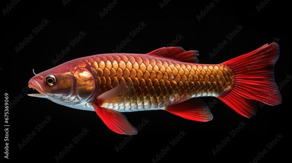Poster  a close up of a red and white fish on a black background with a reflection of it's head.  generative ai