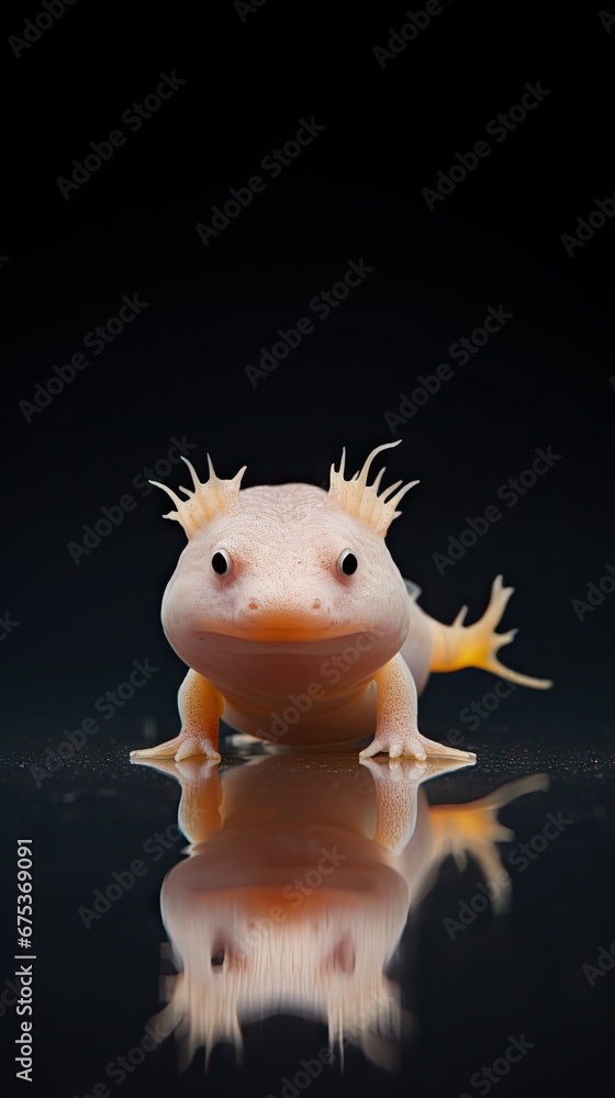 Aufkleber a close up of a gecko on a black surface with a reflection of it's face in the water. generative ai