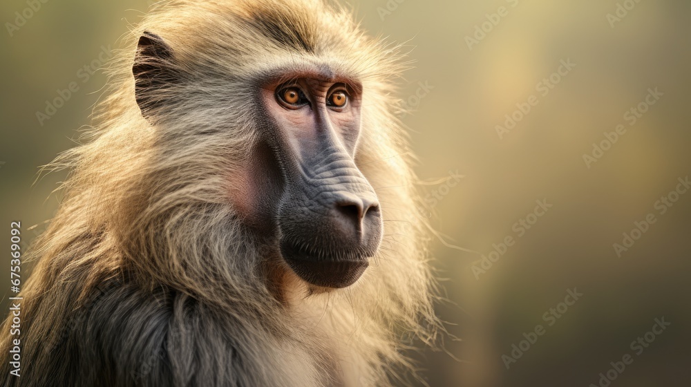 Poster a close up of a monkey's face with a blurry background and a blurry background behind it. generative