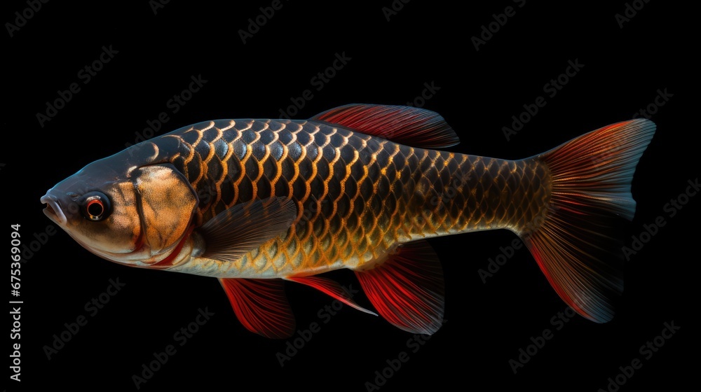 Poster a close up of a fish on a black background with a red stripe on the side of the fish's head. generat