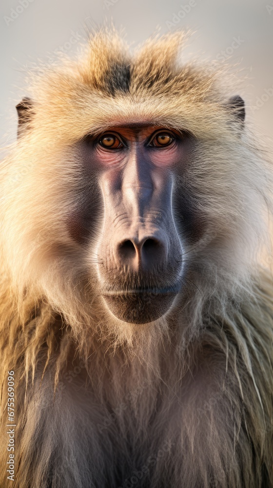 Poster a close up of a monkey's face with a blurry background and a blurry background behind it. generative