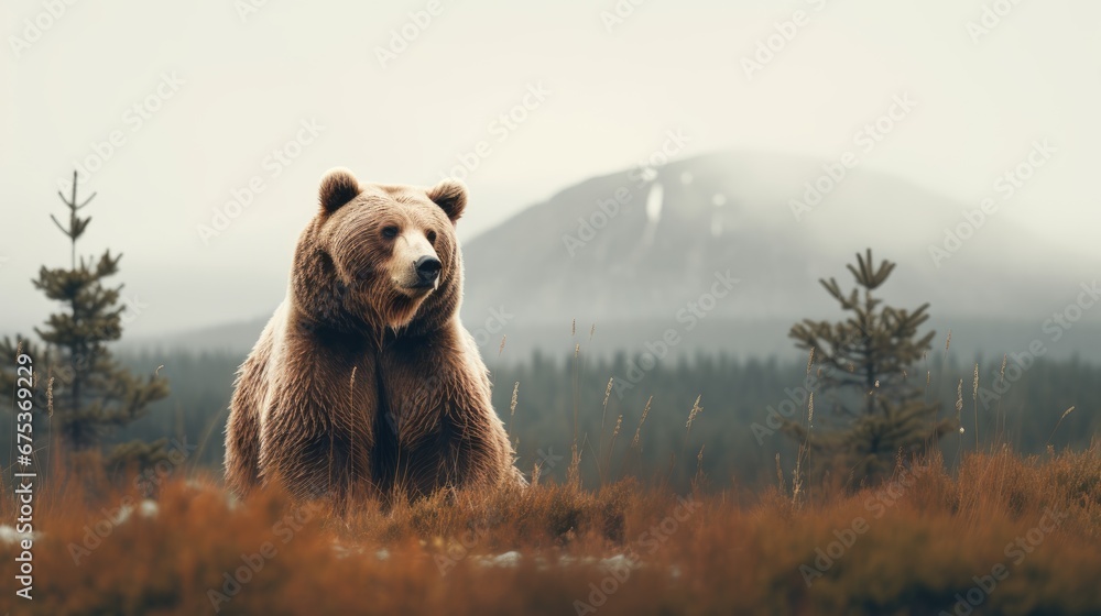 Aufkleber a large brown bear standing on top of a grass covered field in front of a mountain with a forest in 