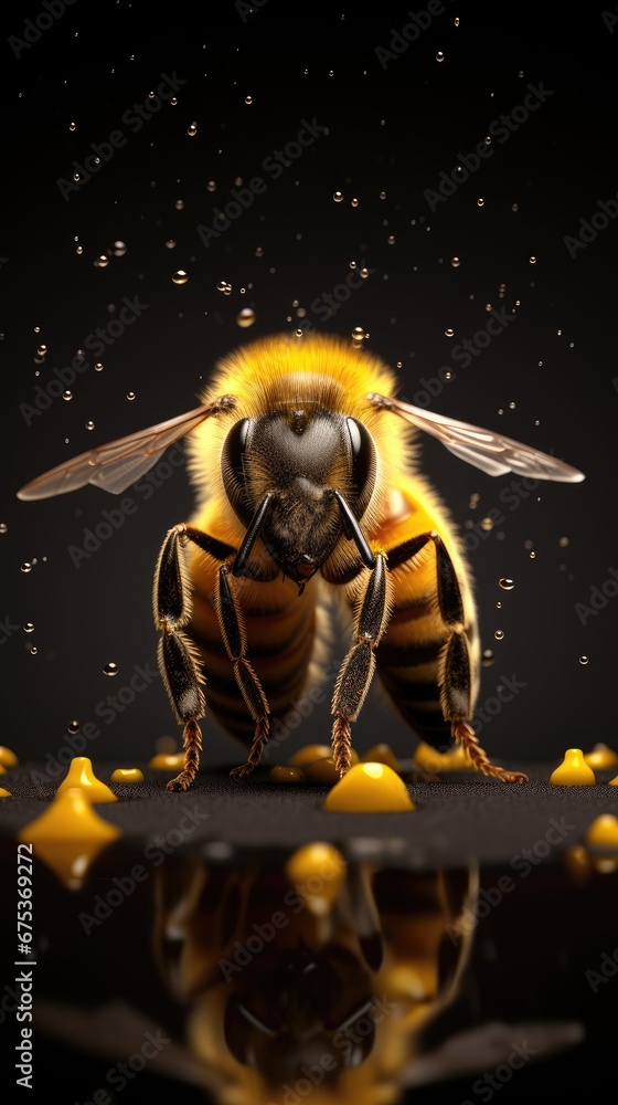 Poster a close up of a bee on a black background with a reflection of it's body in the water. generative ai
