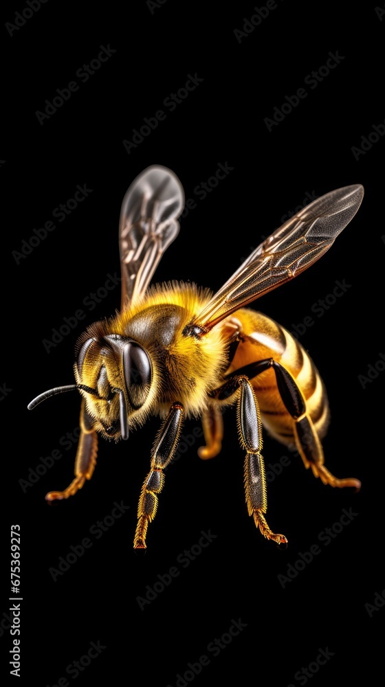 Poster a close up of a bee on a black background with a light shining on the back of it's head. generative 