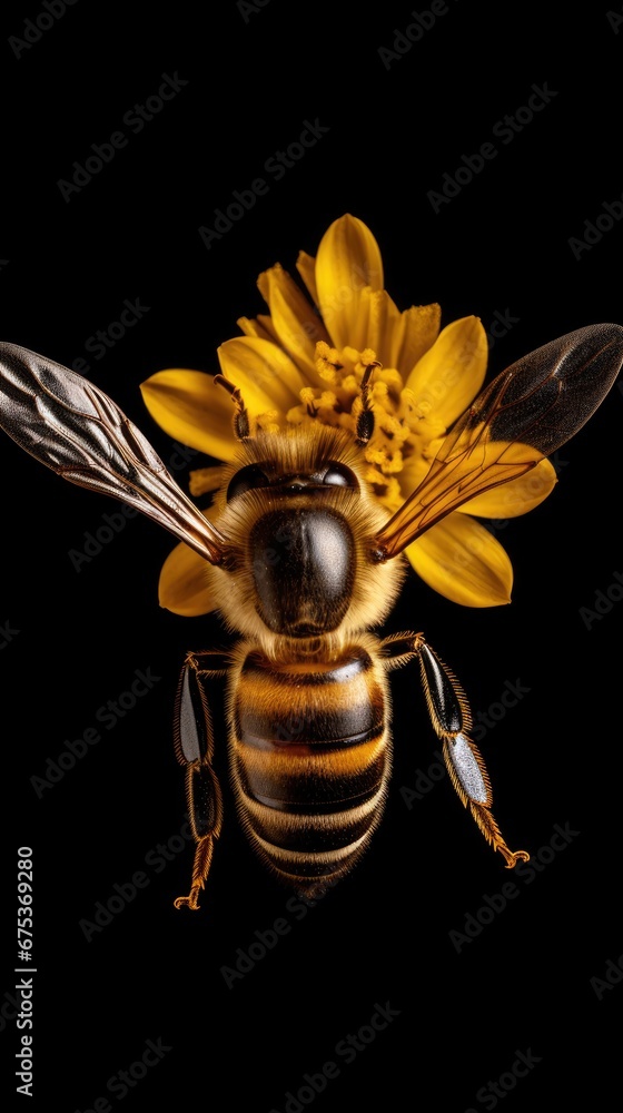 Poster a close up of a bee with a flower in it's backgrounge on a black background. generative ai