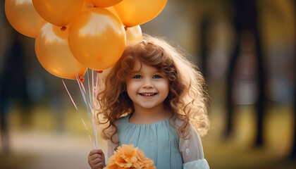 A Portrait Of Happy little girl holding Orange Color balloons,Premium Quality Image, HD Wallpaper