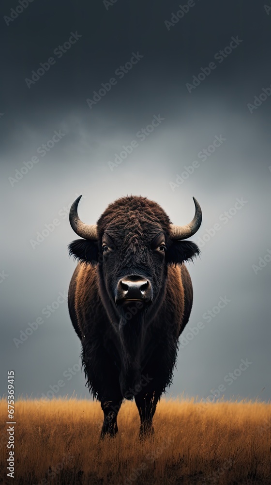 Poster a large buffalo standing on top of a dry grass field under a cloudy sky with a black and gray sky in