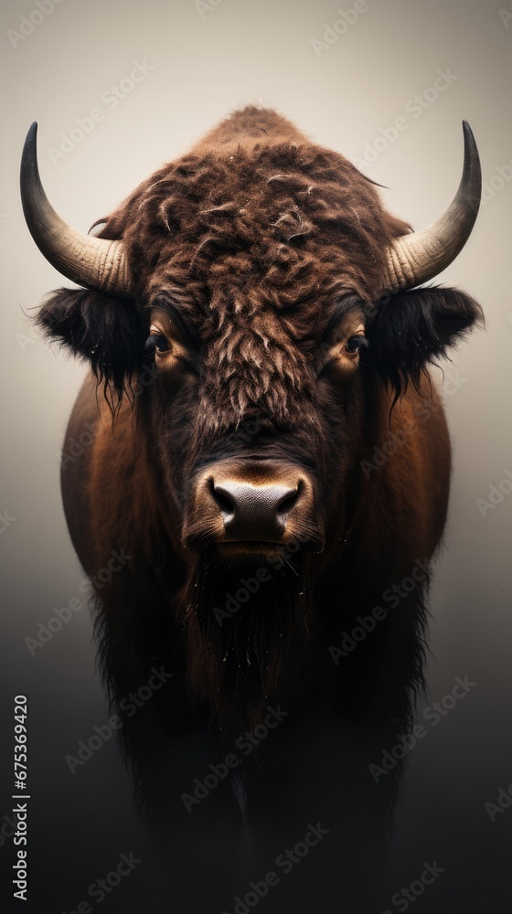 Poster a close up of a bison's head with very long horns on a gray background with a black spot in the cent