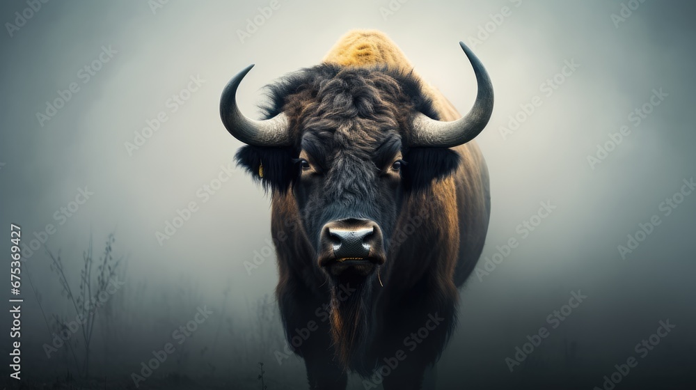 Poster a bison standing in a foggy field with large horns on it's head, looking at the camera. generative a