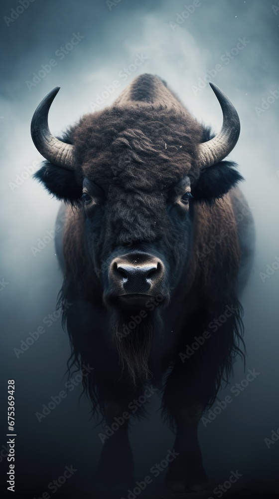 Poster a close up of a bison in a foggy area with a dark sky in the background and clouds in the foreground