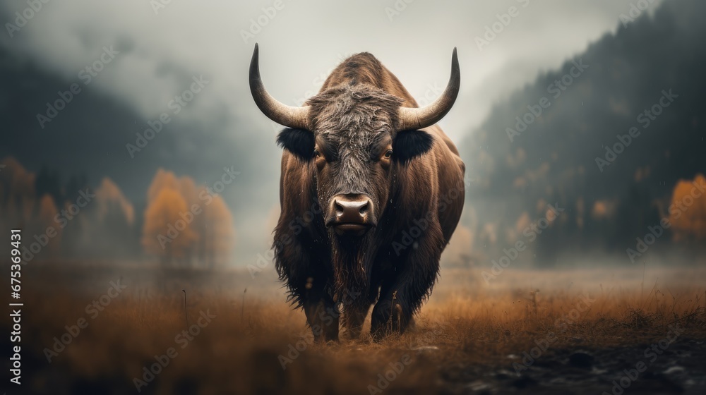 Poster a bull with large horns standing in a field with trees in the background and foggy sky in the foregr