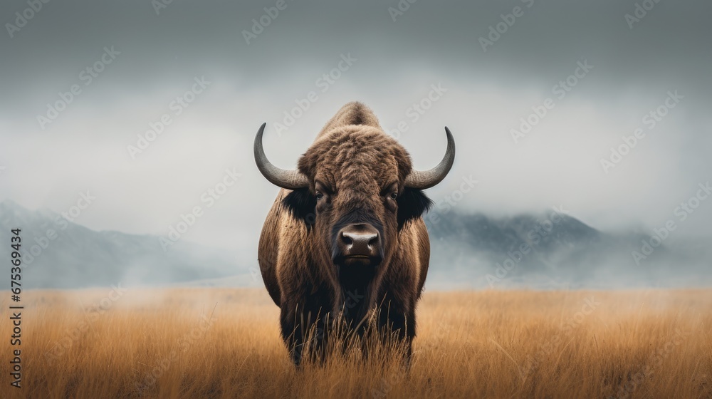Aufkleber a bison standing in the middle of a field of tall grass with a mountain range in the distance behind