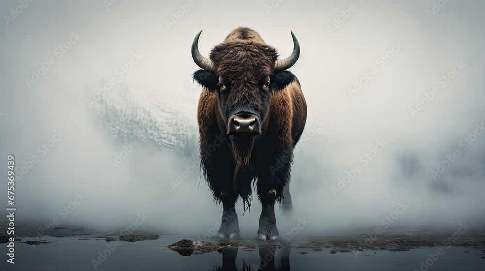 Poster a bison standing in the middle of a foggy field with a mountain in the distance in the distance is a