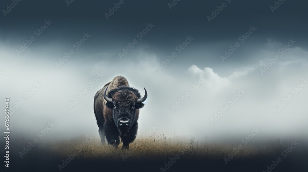 Poster a bison standing in the middle of a field under a dark sky with a few clouds in the back ground. gen