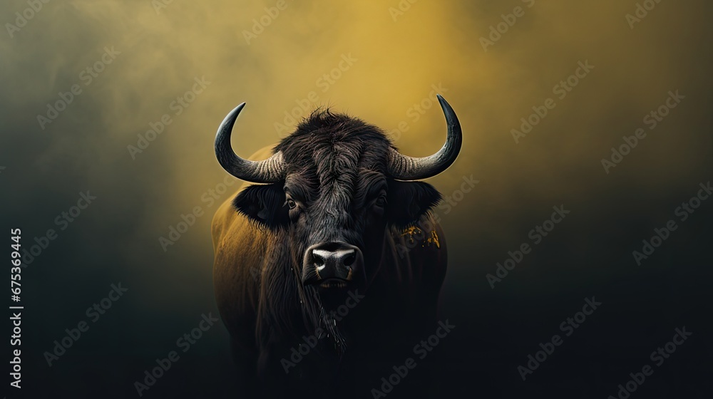 Poster a bison standing in the middle of a dark field, with a blurred background the bison is in focus, whi