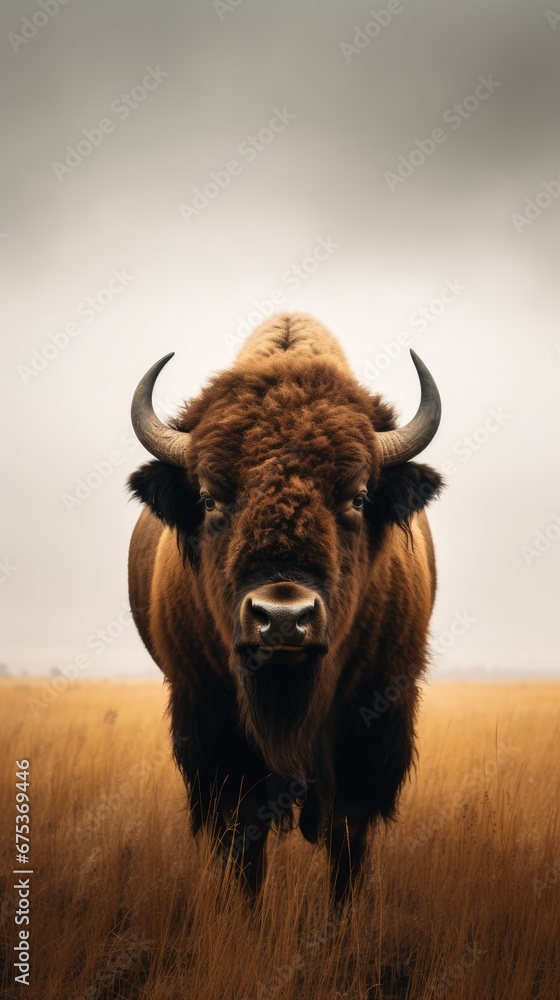 Aufkleber a bison standing in a grassy field with a cloudy sky in the background the bison is in the center of