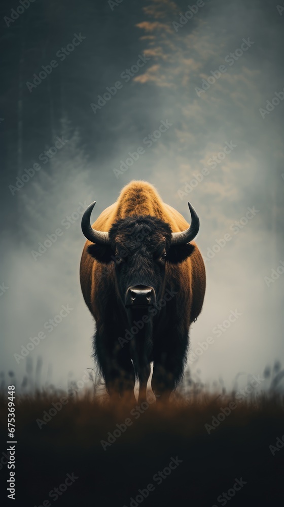 Poster a bison standing in the middle of a field with trees in the background and fog in the sky behind it.