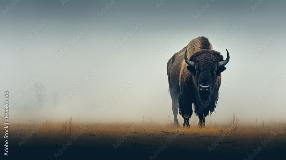 Poster a bison is standing in a field on a foggy day with trees in the background and a blue sky in the bac