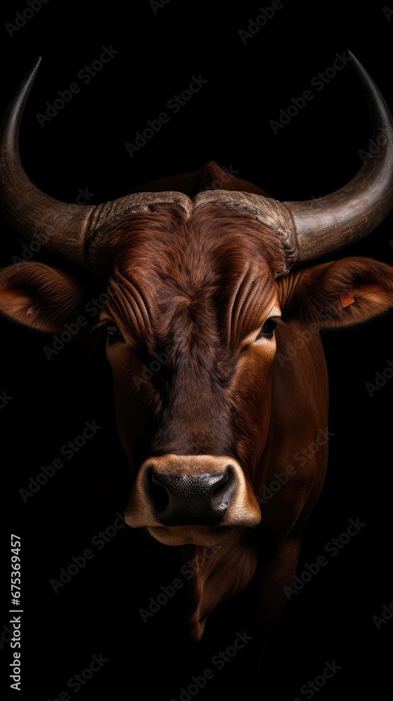 Poster a close up of a bull's head on a black background with a reflection of it's face. generative ai