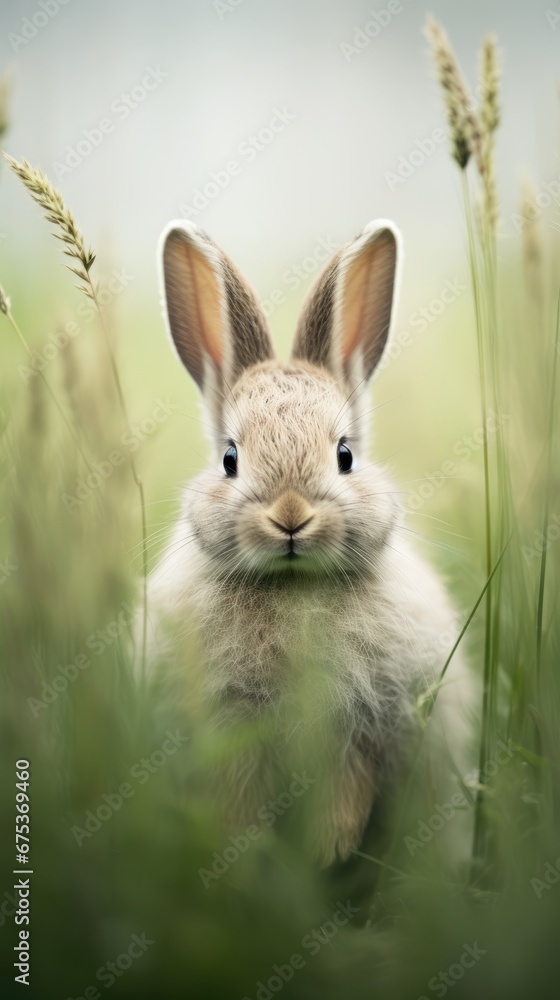 Poster a close up of a rabbit in a field of grass with a blurry sky in the background and grass in the fore