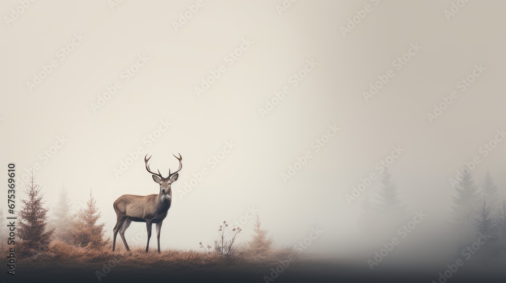Poster a deer is standing in the middle of a field with trees in the background and foggy sky in the backgr