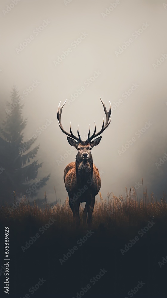 Poster a red deer stag standing in the middle of a foggy field, surrounded by trees and grass the backgroun