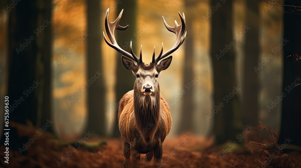 Poster a deer standing in the middle of a forest with lots of leaves on the ground and trees in the backgro
