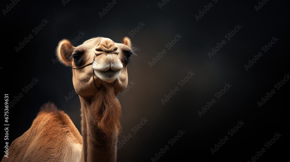 Poster a close up of a camel's face with it's mouth open and it's eyes closed. generative ai