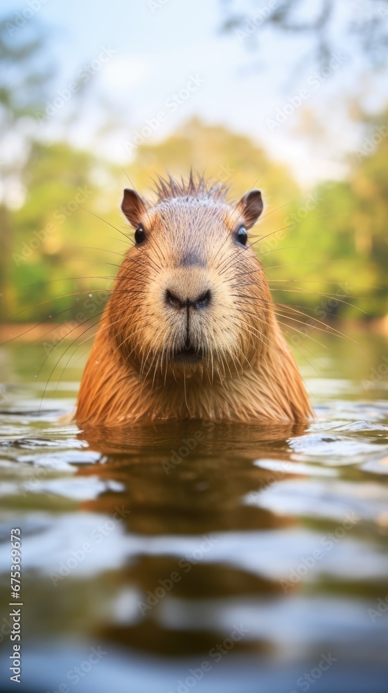 Poster a close up of a capybara swimming in a body of water with trees in the backgroud. generative ai