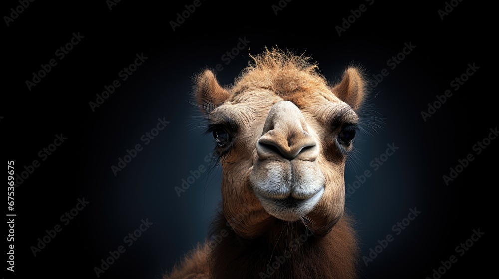 Poster a close up of a camel's face with it's head tilted to the side with a black background. generative a