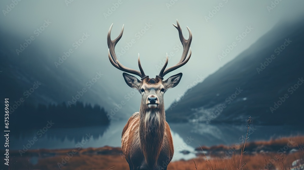 Poster a deer standing in the middle of a field with a lake and mountains in the background in the backgrou