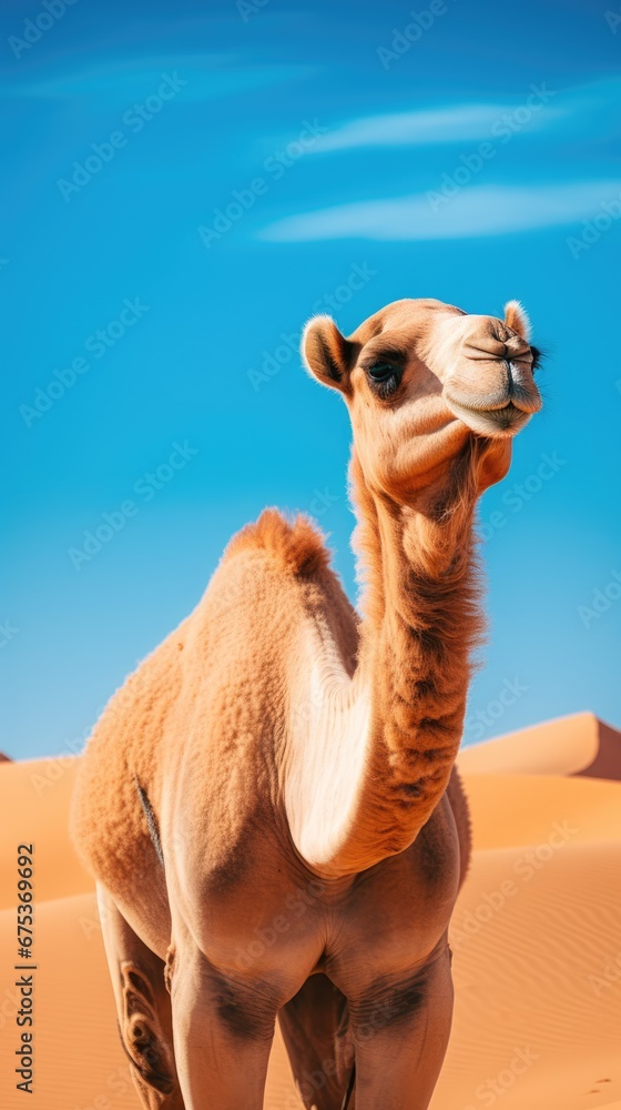 Poster a camel standing in the middle of a desert with a blue sky in the background and a few clouds in the